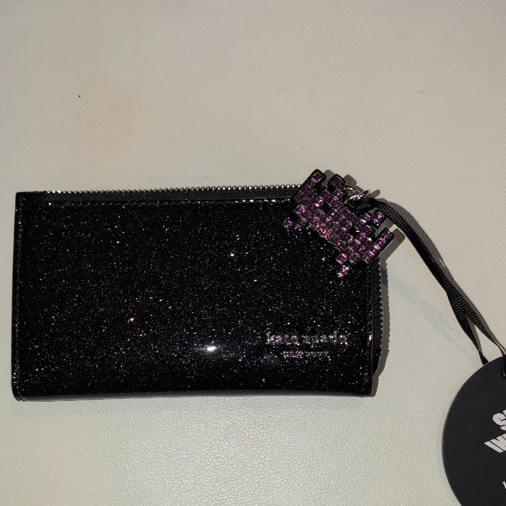 kate spade Black Glitter Wristlet with Purple Charm